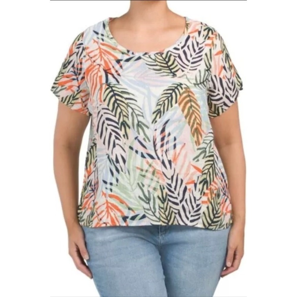 Tahari‎ Multicolor Palm Print Tropical Short Sleeve Linen Top 3X Tropical Beach